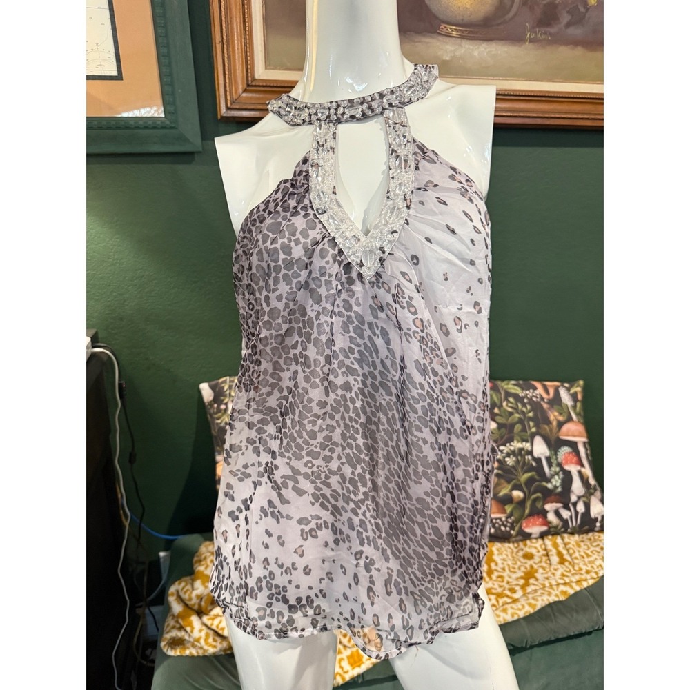Lucy & Co‎ Grey Leopard Print Halter Top Crystal Embellished Keyhole Neck Medium